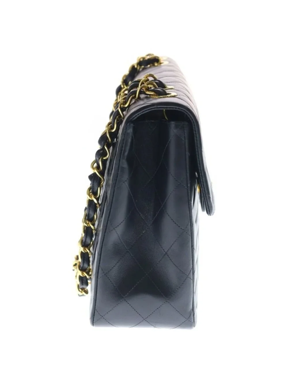 Chanel Deca Quilted 34 Lambskin Leather S Flap Chain Shoulder Bag Gold Black